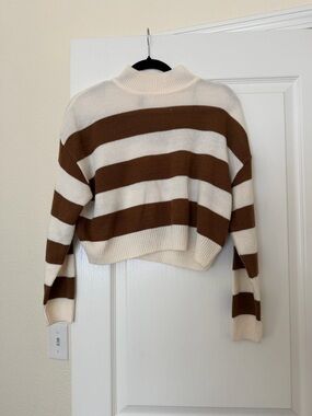H&M Striped Cropped Turtleneck Sweater - Cream & Brown